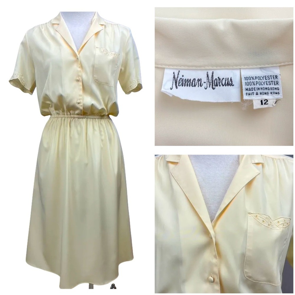 Vintage 80s NEIMAN MARCUS Womens (12) Dress Yellow Blouson Embroidered Secretary